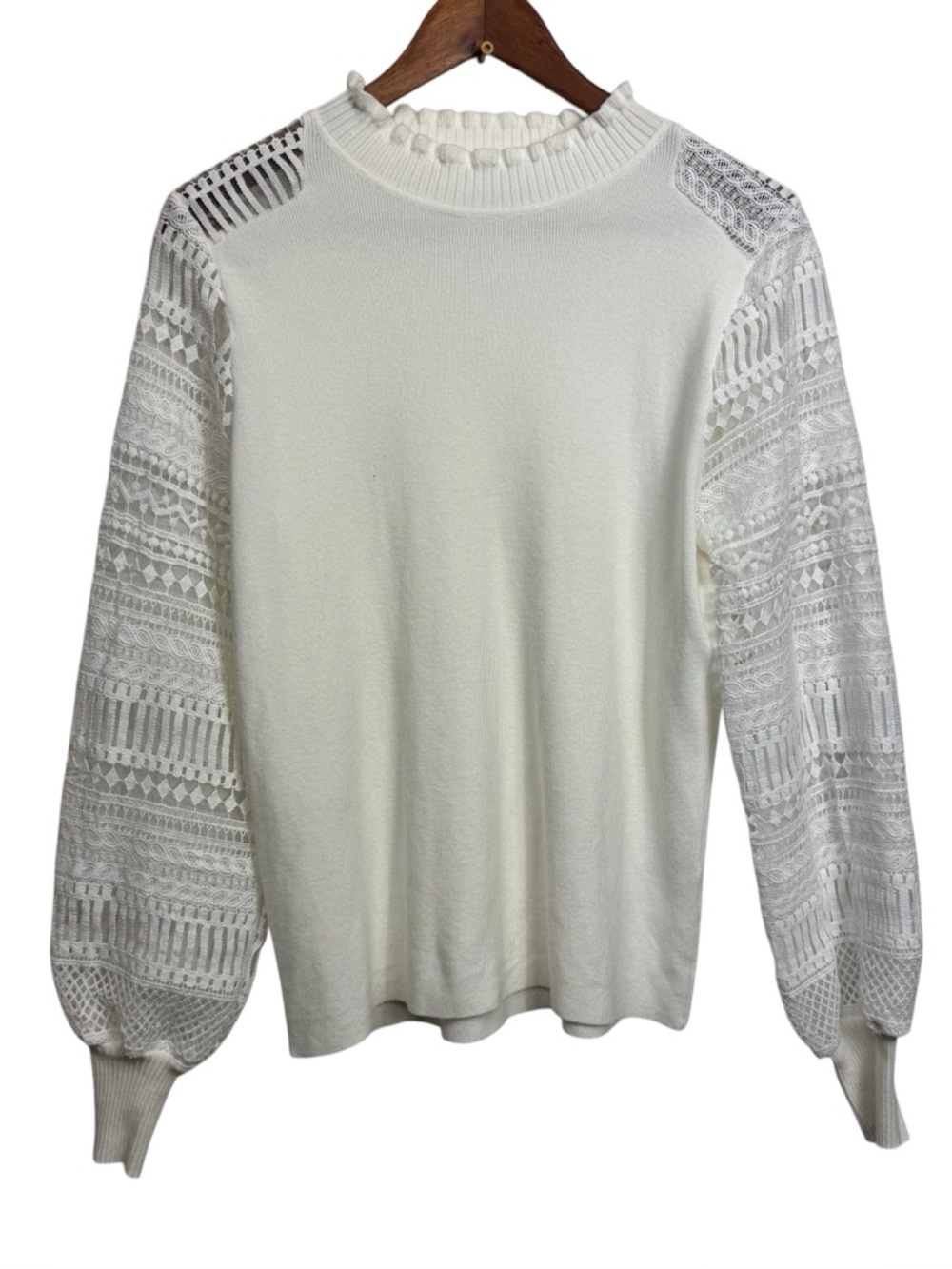 Sioni Ivory‎ Lace Sleeves Knit Sweater Elegant Medium